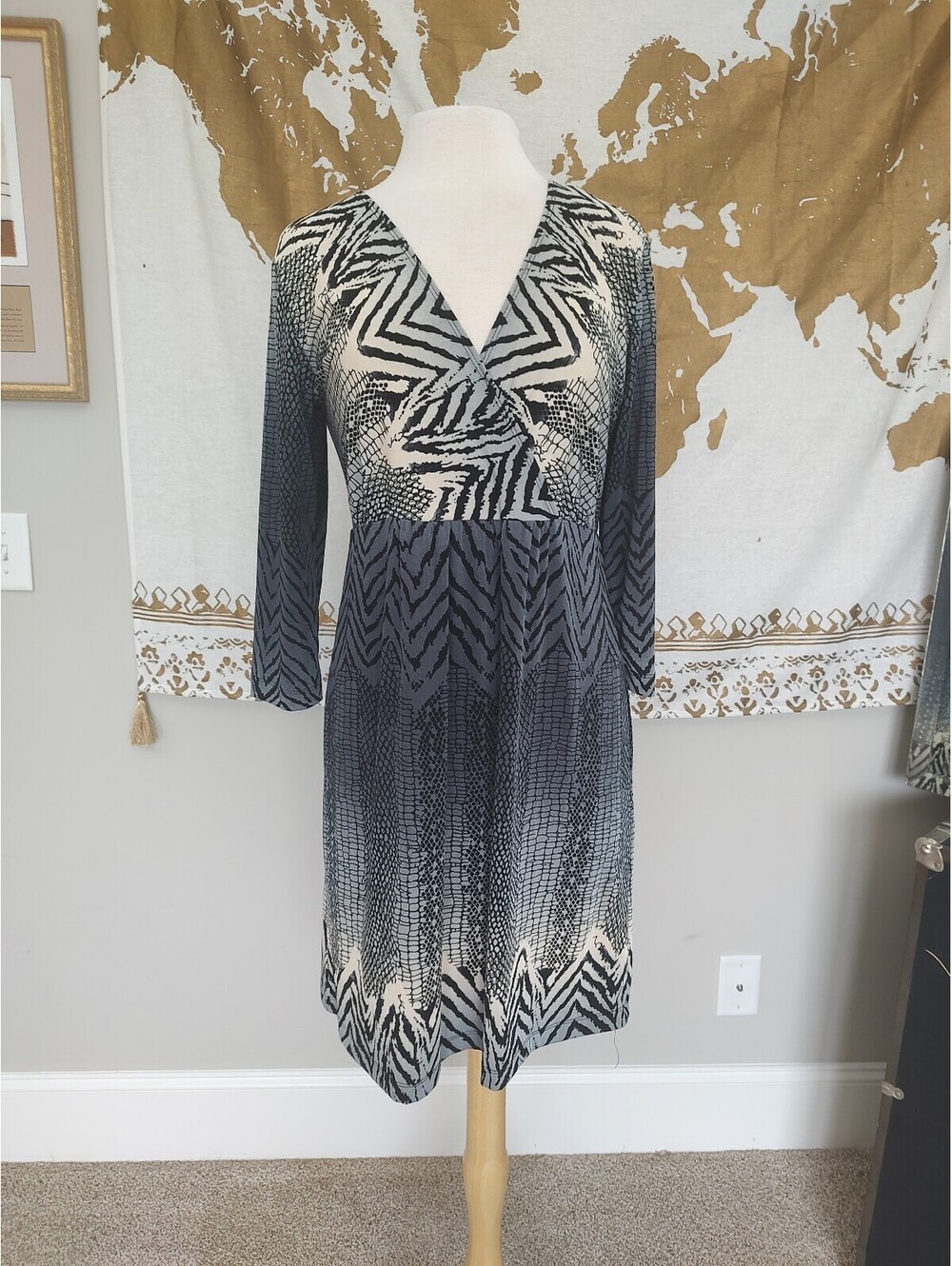 Chico's Black and Gray Patterned Long Sleeve Dress Size 1 (8-10)